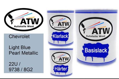 Chevrolet, Light Blue Pearl Metallic, 22U / 9738 / 8G2: 1L Lackdose + 1L Klarlack + 500ml Härter - Set, von ATW Autoteile West.